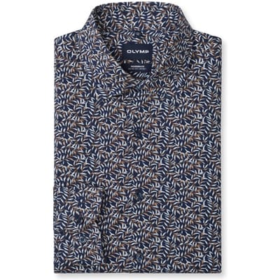 OLYMP 24/7 Luxor modern fit overhemd - tricot - donkerblauw met groen en lichtblauw dessin - Strijkvriendelijk - Boordmaat: 45 (EU maat: XXL)