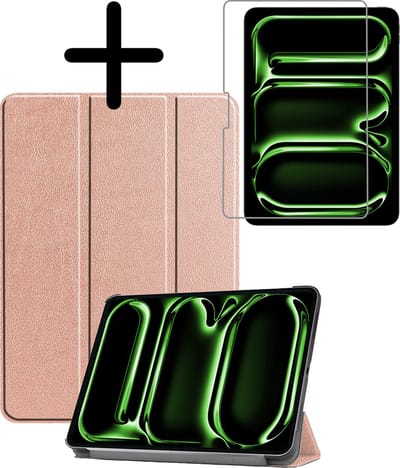 Hoesje Geschikt voor Apple iPad Pro (2024/2025) - 11 inch - Met Screenprotector - Trifold Bookcase - Hard Cover - Hardcover Book Case - Tablet Hoes - Rosé goud