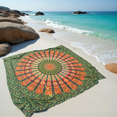 XL strandkleed - Tweepersoons strandlaken - Extra groot strandlaken - groot strandkleed - Groen oranje - Mandala stranddoek