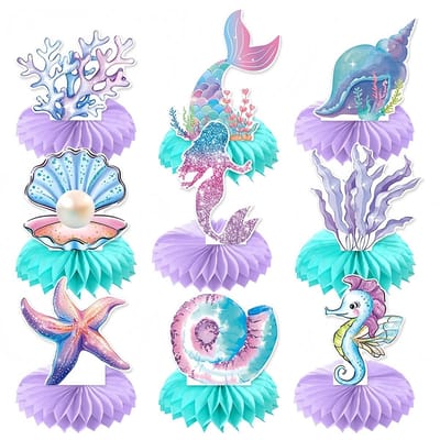 Dailygoods- Zeemeermin Verjaardagsdecoraties Set van 9 - Honingraatdecoratie - Lichtgewicht - Paperclips - Snelle Montage - Scheurbestendig Karton - Feestdecoraties