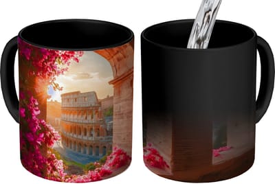 Magische Mok - Foto op Warmte Mokken - Koffiemok - Colosseum - Rome - Roze Bloemen - Magic Mok - Beker - 350 ML - Theemok