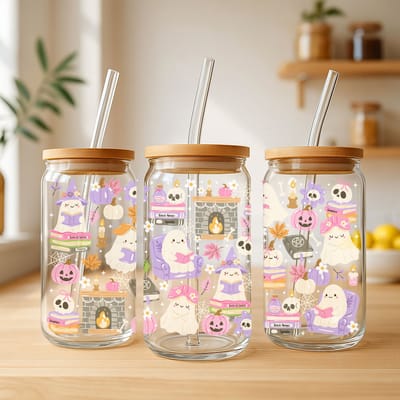 Creasowl® Halloween Spookjes Bookish Ghost Glazen Beker 500ml – Spooky Aesthetic Glas met Deksel & Rietje