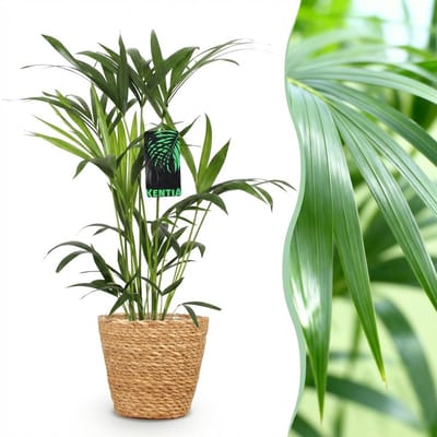 Plantenboetiek.nl | Howea Forsteriana - Kentia Palm - Weinig Onderhoud - Groen - met Mand - Ø19cm - 80-85cm hoog - Kamerplant - Arrangement - Plant met pot