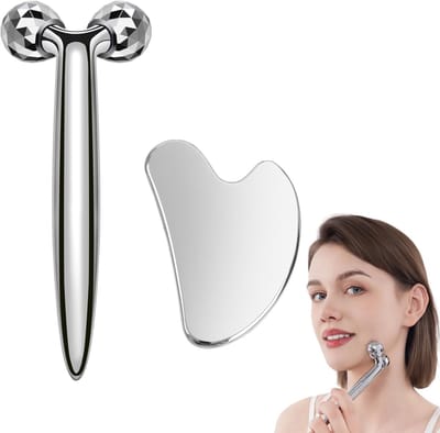 SnelShoppen - 3D Roestvrijstalen Gezichtsroller & Gua Sha Set - 2-in-1 Massageapparaat voor Gezichtlifting, Anti-Rimpel, Lymfedrainage, Kaaklijntraini
