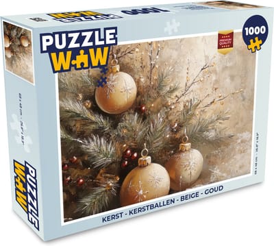 Puzzel Kerst - Kerstballen - Beige - Goud - Legpuzzel - Puzzel 1000 stukjes volwassenen - Kerst - Cadeau - Kerstcadeau voor mannen, vrouwen en kinderen