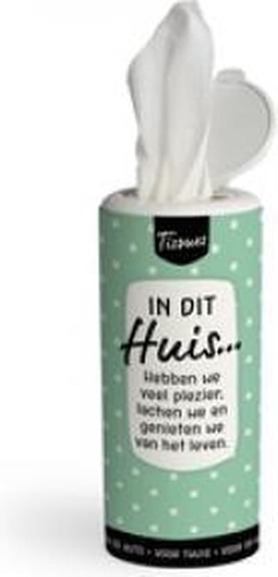 Tissue Dispenser - In dit huis…. Hebben we vel plezier, lachen we en genieten we van het leven - In cadeauverpakking met gekleurd lint