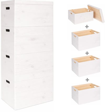 Haudt® Houten stapelkist set mat WIT - 3 x KIM Maxi open en 1 x KIM Maxi met losse deksel - stapelbare opbergoplossing - houten kisten - opbergkist - vurenhout