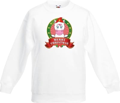 Kerst sweater / Kersttrui voor kinderen met eenhoorn print - wit - jongens en meisjes trui 98/104