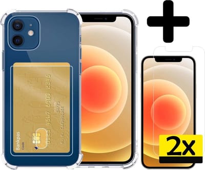 Hoesje - Geschikt voor Apple iPhone 12 Mini - Met 2x Screenprotector - Pashouder - Kaarthouder - Telefoon Hoes Shockproof - Siliconen Case - Back Cover - Shock Proof - Pasjes Houder - Telefoonhoesjes - Transparant