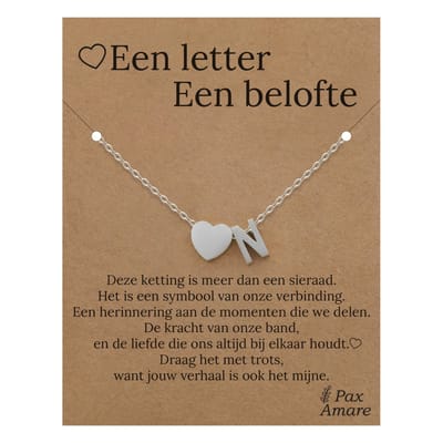 Letter N ketting op Cadeau Kaartje - Een letter, een belofte - 45cm Zilverkleurig Stainless Steel - Initiaal & Hartje Hanger - Pax Amare