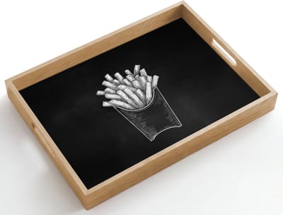 Dienblad hout 50x35 cm - Schootdienblad - Friet - Witte krijttekening - Zwart - Borrelplank rechthoek - Plateau dienbladen