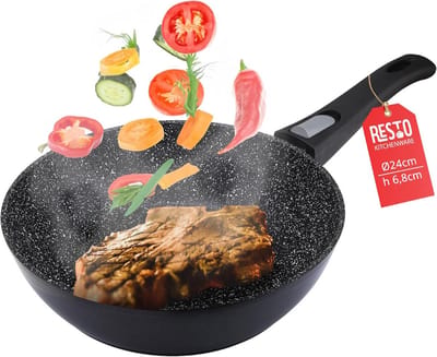 Wokpan Aluminium - Diepe Koekenpan - Gezond Koken - Afneembare Handgreep - 24 cm - Zwart