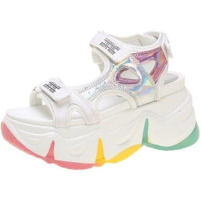 Rimocy Mode Plateforme Laser Sandales d'Été Femme Blanc Compensées Talons Hauts Sandalias Femme Bout Ouvert Semelle Arc-en-ciel Chaussures de Plage 38 white