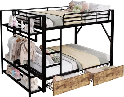Wishdor Stapelbed 140 x 200 cm - LED-App-Bediening en 2 Lades - Planken en Handige Kledingstang - Multifunctioneel - Geschikt voor Tiener- en Studentenkamer - Stoer Zwart Industriëel Frame - Metaal en MDF - Zwart