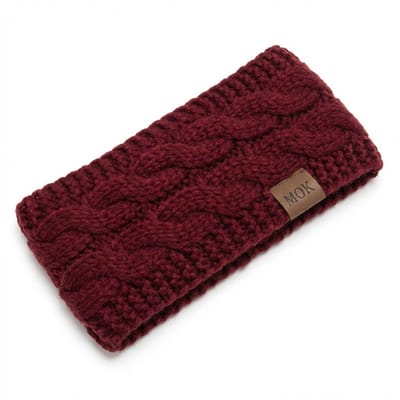 Rode gebreide hoofdband dames – winter haarband met kabelpatroon – warme elastische oorwarmer met leren label – zachte gebreide band voor koude dagen