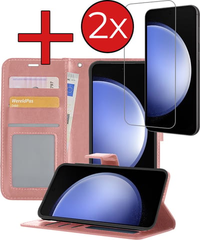 Hoesje - Met 2x Screenprotector - Geschikt voor Samsung Galaxy S23 FE - Luxe Pasjeshouder - Flip Case - Bookcase Portemonee - Kunstleer Book Case - Flipcase Hoes - Book Cover - Walletcase - Portemonneehoes - Telefoonhoes - Rosé goud