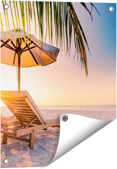 Gards Tuinposter Tropisch Strand tijdens Zonsondergang - 40x50 cm - Tuindoek - Tuindecoratie - Wanddecoratie buiten - Tuinschilderij