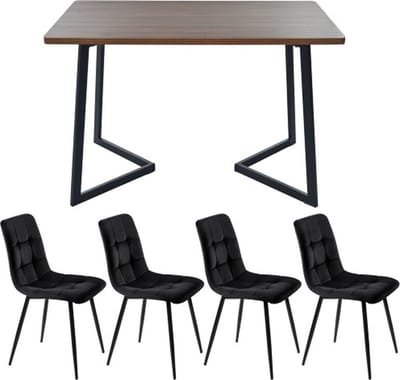 Gotagee Eetset (5-delig) Eettafel met 4 stoelen Keukentafel set met zwarte metalen poten MDF tafelblad in walnootkleur Zwart Fluweel Eetkamerstoelen