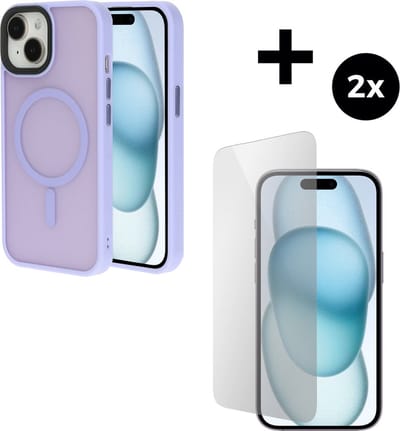 Mobiparts Hardcover MagSafe hoesje geschikt voor Apple iPhone 15 - MagSafe - met 2 Screenprotectors van Gehard Glas - Roze/Purple