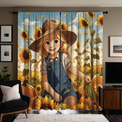 Ensemble de 2 pièces Rideau fille Jardin de tournesols Festival des récoltes HD Jaune cravate rideau imprimé numérique Style décoration intérieure Décorer livin W52H63inchW132H160cm beige