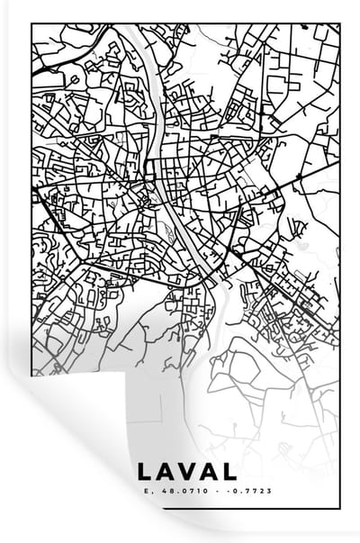 Muurstickers - Sticker Folie - Kaart - Plattegrond - Laval - Frankrijk - Stadskaart - Zwart wit - 20x30 cm - Plakfolie - Muurstickers Kinderkamer - Zelfklevend Behang - Zelfklevend behangpapier - Stickerfolie