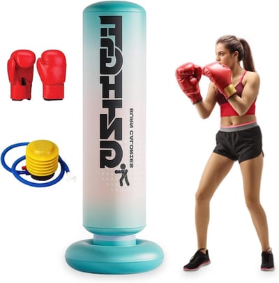 Inflatable Punching Bag van 180 cm met een stevige basis, inclusief bokshandschoenen, ideaal voor bokstraining voor tieners en volwassenen, helpt stress te verminderen en verbetert conditie.