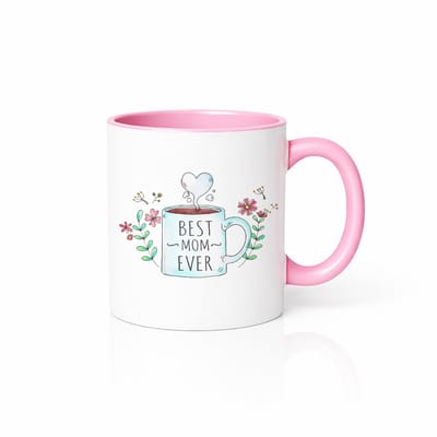 Best Mom Ever Koffiemok - Moederdag Cadeau - Bloemen Illustratie - Keramische Beker Roze/Wit