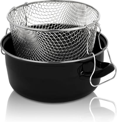 Geëmailleerde frites-pan met chroom rand en zeefinzetstuk 24 cm - perfecte warmtegeleiding - frituurpan voor friet en calamares