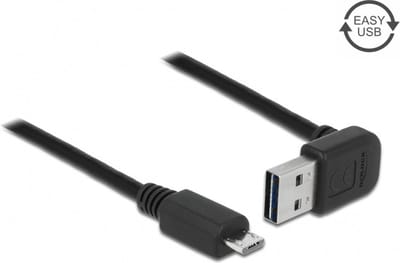 Micro USB naar Easy-USB-A haaks (boven/beneden) kabel - USB2.0 - tot 2A / zwart - 2 meter