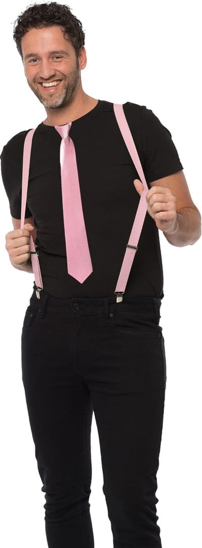 Carnaval verkleedset bretels en stropdas - licht roze - volwassenen/unisex- feestkleding accessoires