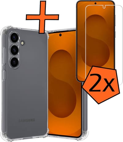 Hoes - Met Screenprotector - 2 Stuks - Geschikt voor Samsung Galaxy S25 - Sterk & Shockproof - Siliconen Case - Back Cover - Telefoon Hoes - Shock Proof - Transparant