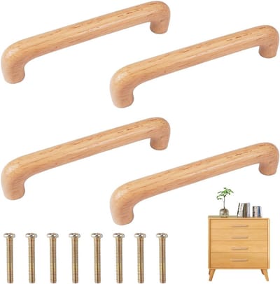 Set van 4 Houten Kastenhandgrepen, Arc Handvatten voor Meubels, Inclusief Schroeven, Geschikt voor Keukens en Kantoormeubels, 128 mm Gatafstand