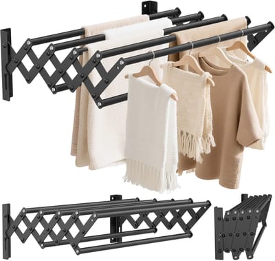 Dailygoods- Wanddroogrek roestvrij staal - Uittrekbaar 42-80 cm - Draagvermogen 26 kg - Zeven droogstangen - Ideaal voor binnen/buiten - Wasdroogrek