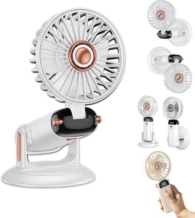 360° draaibare opvouwbare handventilator - 5 instelbare snelheden - Krachtige oplaadbare ventilator - 2400mAh batterij - 12 uur gebruiksduur - Mini draagbare ventilator voor handgebruik, bureau en wandmontage (wit)