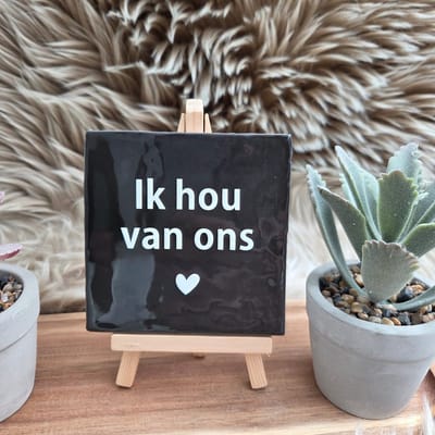 Robuust Wenstegeltje – Ik Hou van Ons – Hip trendy tegeltje – 10x10 cm – Cadeau voor Partner, Valentijn of Jubileum – Stijlvol en Persoonlijk Woonaccessoire - Zomaar - Voor jezelf – Trendy nu – Decoratief Tegeltje met Standaard – Cadeau Idee