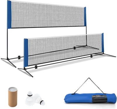 COSTWAY Badmintonnet met standaard, badmintonnet, in hoogte verstelbaar, met 2 shuttles en draagtas, draagbare netstandaard voor buiten, voor badminton/tennis en volleybal