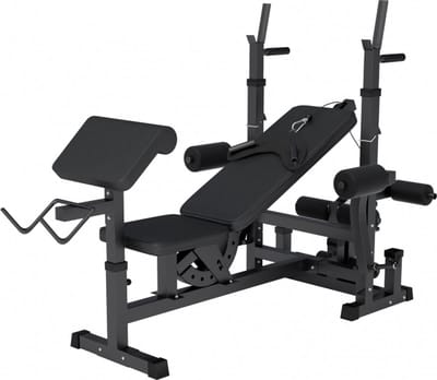 Gorilla Sports Universele Halterbank Zwart - Verstelbare Fitness Bank - Homegym Bank - Dipsteunen - Haltersteunen - Butterflies - Leg Curl