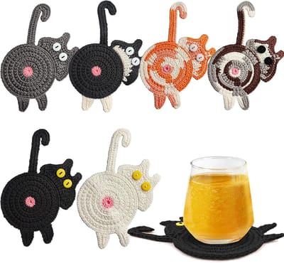 Kattenonderzetters - Schattige kattenonderzetters - 6stuks - Onderzetters - Cadeaus voor kattenliefhebbers - Breien- Kattenkontonderzetters - Leuke drankisolatie - Bureaubladbescherming - 15×10 cm - Zwart en wit, grijs, grijsbruin, oranje, wit, zwart
