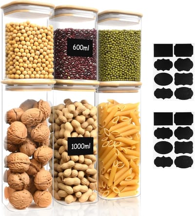 Voorraadpotten,6 Stuks Voorraadpotten met Deksels Set,600/1000ml keuken opbergpotten met etiket stickers voor meel,granen,suiker,koffiebonen,snacks,zaden,zout,peper,specerijen