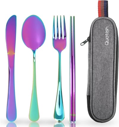SnelShoppen - Camping Bestekset 5-delig RVS Reiskutlery met Opbergtas, Lichtgewicht en Roestvrij, Ideaal voor Kamperen, Buiten, Werk en School, Kleurr