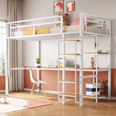MODFU - Hoogslaper 90x200 cm – Met bureau & planken – Veiligheidsladder – Wit