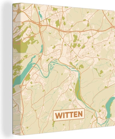 Canvas Schilderij Plattegrond - Vintage - Witten - Kaart - Stadskaart - 20x20 cm - Wanddecoratie
