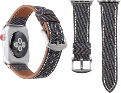 By Qubix - Geschikt voor Apple Watch bandje - Denim Pattern Echt Leren bandje - Grijs - Geschikt voor Apple Watch 44mm / 45mm / 46mm / 49mm (Ultra 1,2 en 3) - leren smartwatchbandje - Horlogebandje