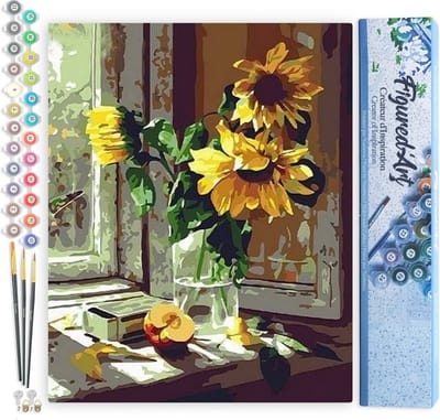 Figured'Art Schilderen op Nummer Volwassenen canvas Zonnebloemen en appel voor het raam - Handwerk acrylverf Kit DIY Compleet - 40x50cm zonder frame