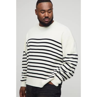 Plus Gebreide Gestreepte Oversized Rondhals Trui | Ecru | Size 2XL