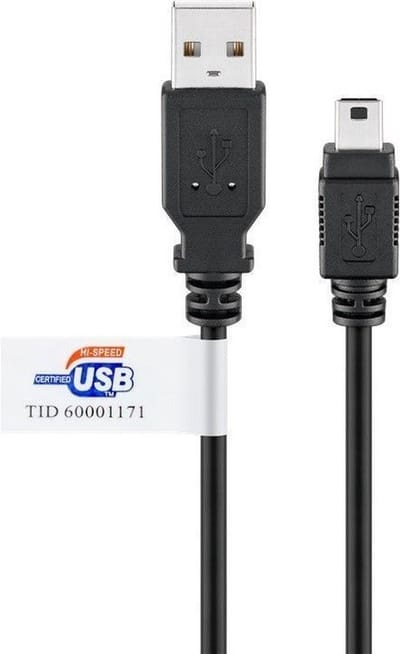 USB Mini B naar USB-A kabel - USB2.0 gecertificeerd - tot 1A / zwart - 3 meter