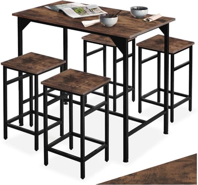 tectake® Bartafelset 5-delig - Bartafel met 4 barkrukken - Bistro bartafel met kruk - Industrieel design - Zwart metalen frame - Draagkracht tafel 75 kg kruk 150 kg - Afmeting (LxBxH) tafel 100 x 60 x 88,5 cm kruk 32 x 32 x 58 cm - Donkerbruin