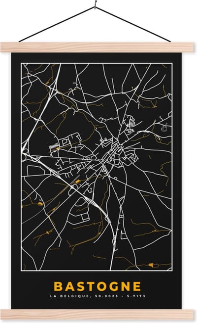 Posterhanger incl. Poster 40x60 cm - Schoolplaat - Stadskaart - Bastogne - Kaart - Plattegrond - Goud - Textielposter - Blanke latten - Stadskaart