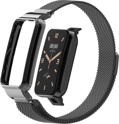 By Qubix - Milanese loop bandje met case - Zwart - Geschikt voor Xiaomi Smart Band 7 Pro / Mi Band 7 Pro bandje