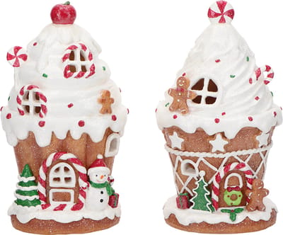 Viv! Christmas Kerstbeeld - Gingerbread Huis vol Snoep incl. LED Verlichting - set van 2 - bruin rood - 21cm